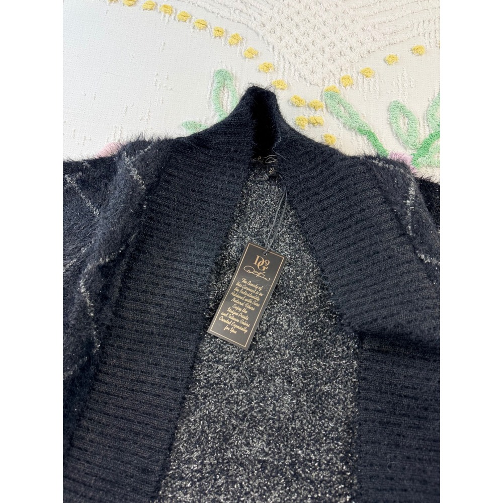 Diane Gilman DG2 Black Argyle Eyelash Knit Shimmer Cardigan Sweater XL NEW - Picture 4 of 8